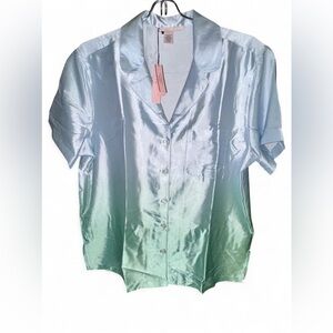 NWT Victoria's Secret Blue & Green Ombre Satin Button Up Pajama Set, Size Small